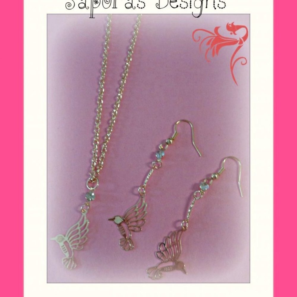 Gold Tone Hummingbird Design Dangle Earrings & Necklace Jewelry Set For Girls